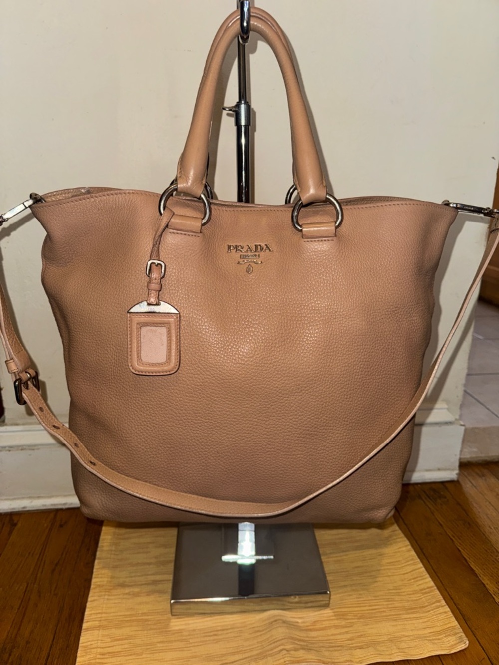 Prada Tan Pebbled Leather Tote with Detachable Strap  EUC with COA